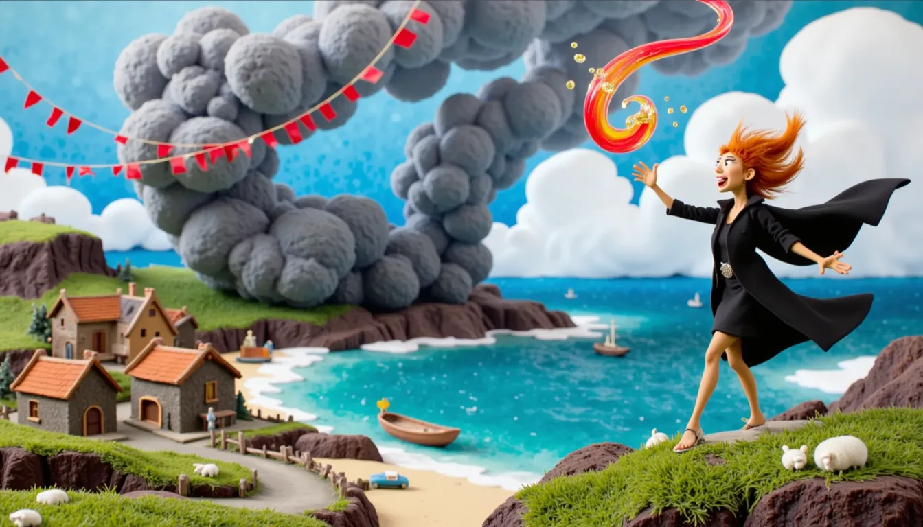 

Create a highly detailed, cinematic fantasy storybook illustration of a powerful female sorceress hovering high above a medieval coastal village. She has wild, flowing auburn-red hair, a fierce and determined facial expression, and both arms raised dramatically toward the sky, with her fingers spread as if casting a powerful magical spell. She wears an elegant crimson-red medieval gown with layered flowing fabric, a fitted dark red bodice, golden waist accents, leather bracers, and tall reddish-brown boots. Her long black cape and red dress billow wildly in the wind, creating dramatic movement.

Beneath her feet, an enormous swirling cloud of dark charcoal-gray magical smoke and mist spirals through the air, partially obscuring the ocean and the village below. The village features tiny medieval houses with terracotta rooftops, narrow stone pathways, green hills, a rugged coastline, and turquoise-blue ocean water. The sky is bright turquoise with patches of white clouds, contrasting beautifully with the dark magical smoke.

Traditional hand-painted fantasy book illustration, high-quality graphic novel artwork, detailed ink outlines, painterly watercolor and gouache textures, rich red and charcoal color palette, expressive character design, intricate clothing details, dynamic composition, dramatic atmospheric lighting, strong sense of scale, and professional fantasy concept art.

 Vertical portrait orientation, full-body character visible from head to boots, sorceress positioned prominently in the upper center, aerial view of the coastal village in the lower portion, swirling smoke connecting the character to the landscape, flowing fabrics extending horizontally, clear silhouette, visually balanced composition, highly detailed background.

 Professional fantasy illustration, polished storybook artwork, sharp character details, textured brushwork, cinematic depth, vivid colors, and high-resolution finish.
