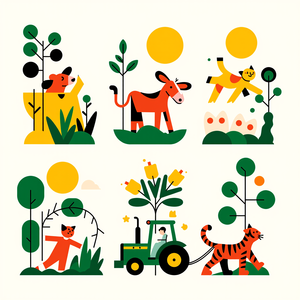 Peux tu me faire des illustrations seulement avec des couleurs unies. Les illustrations n’ont pas d'arrière plan
Style: Papercut illustration style, layered paper shapes, crisp edges, flat bold colors, subtle shadowing between layers, handcrafted cut-paper look, clean and graphic composition.
Chaque illustration = un fichier à télécharger
Illustration 1: vache avec un seau jaune
Illustration 2: Mouton de Jakob avec une marelle
Illustration 3: poule appenzelloise avec des oeufs
Illustration 4: chat tigré avec des empreintes de pieds
Illustration 5: tracteur jouet john Deere avec une remorque
Illustration 6: un gateau foret noire