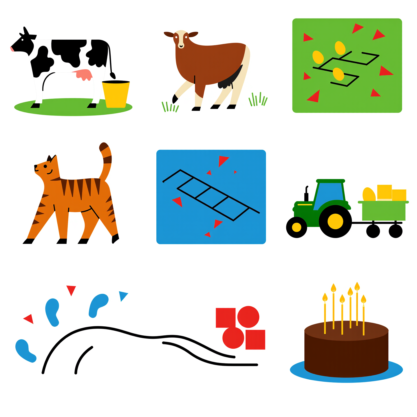 Illustration 1: cow with a yellow bucket next to the cow
Illustration 2: Jacob sheep with a hopscotch grid
Illustration 3: Appenzeller hen with 4 eggs
Illustration 4: tabby cat with children footprints
Illustration 5: John Deere toy tractor with a trailer
Illustration 6: a round chocolate birthday cake with 4 candles on it