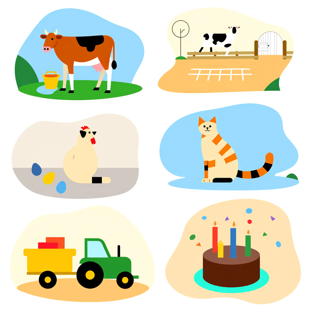 make a grid with these Illustration: Illustration 1: cow with a yellow bucket next to the cow in the foreground
Illustration 2: Jacob sheep with a hopscotch grid in the background
Illustration 3: Appenzeller hen with 4 eggs on the floor
Illustration 4: tabby cat with children footprints in the background
Illustration 5: John Deere toy tractor with a trailer
Illustration 6: a round chocolate birthday cake with 4 candles on it