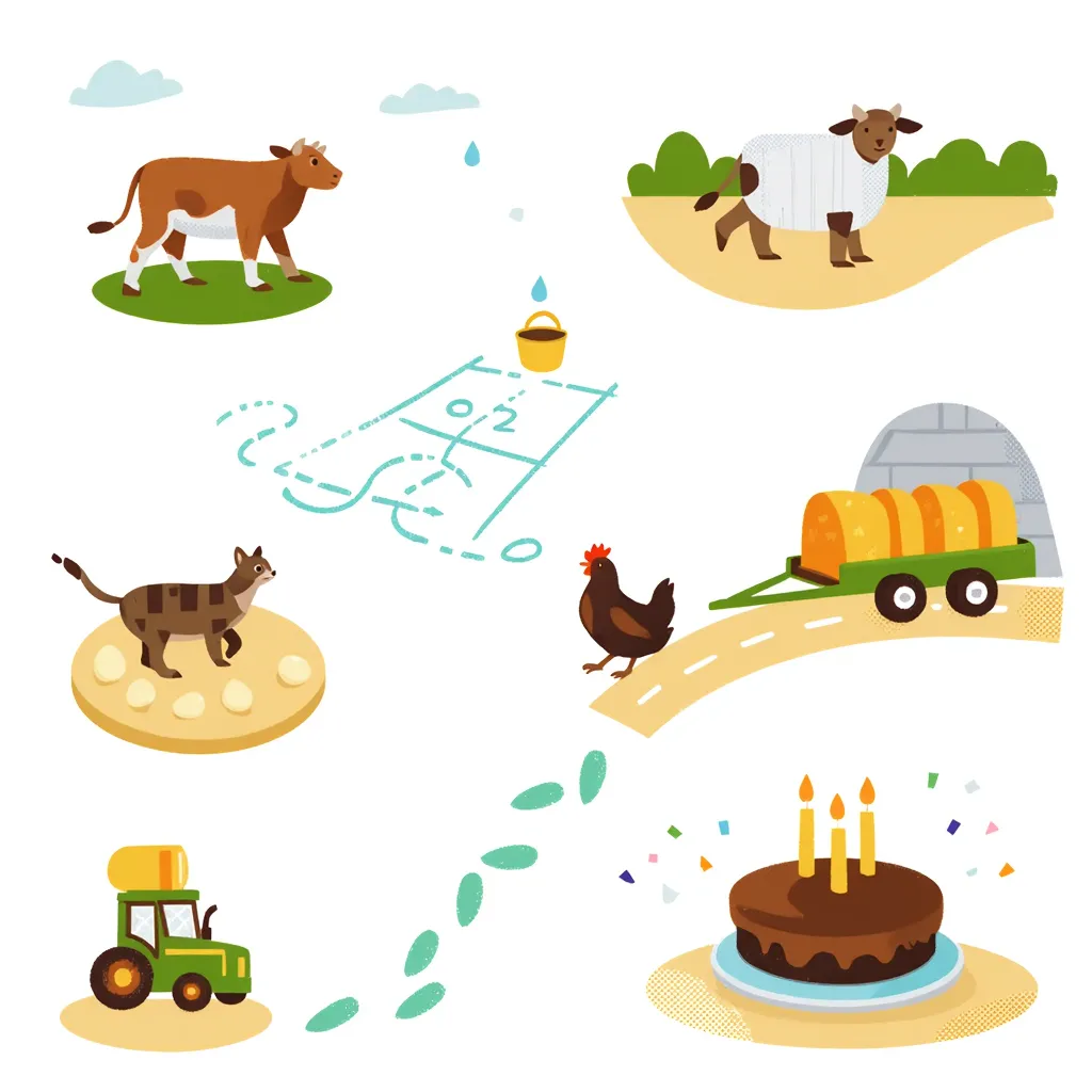 Illustration 1: cow with a yellow bucket next to the cow
Illustration 2: Jacob sheep with a hopscotch grid
Illustration 3: Appenzeller hen with 4 eggs
Illustration 4: tabby cat with children footprints
Illustration 5: John Deere toy tractor with a trailer
Illustration 6: a round chocolate birthday cake with 4 candles on it