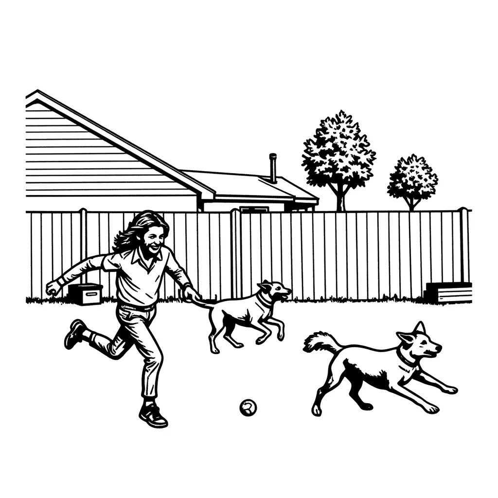 Create a girl playing with dogs in her backyard