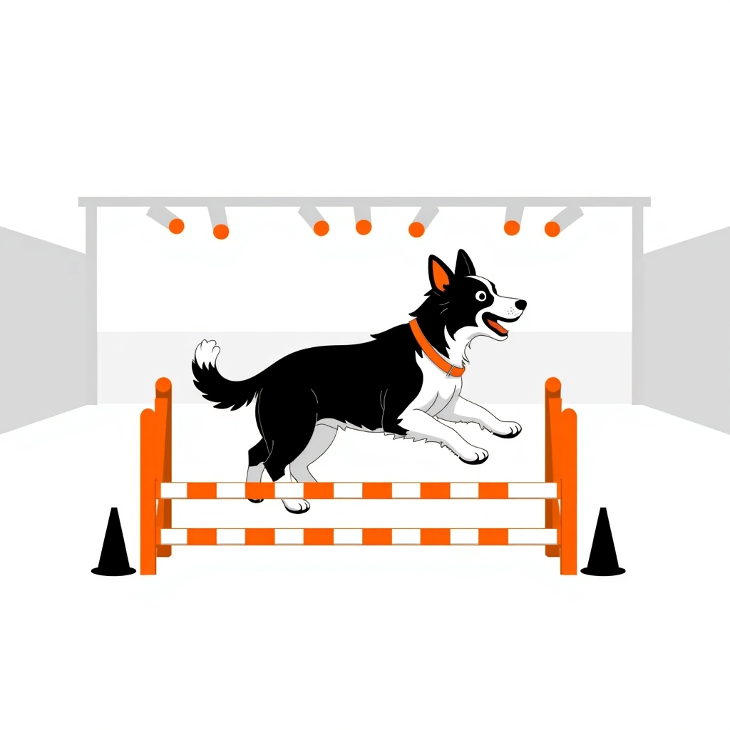 Shaggy sheepdog leaping over an agility hurdle under arena lights.