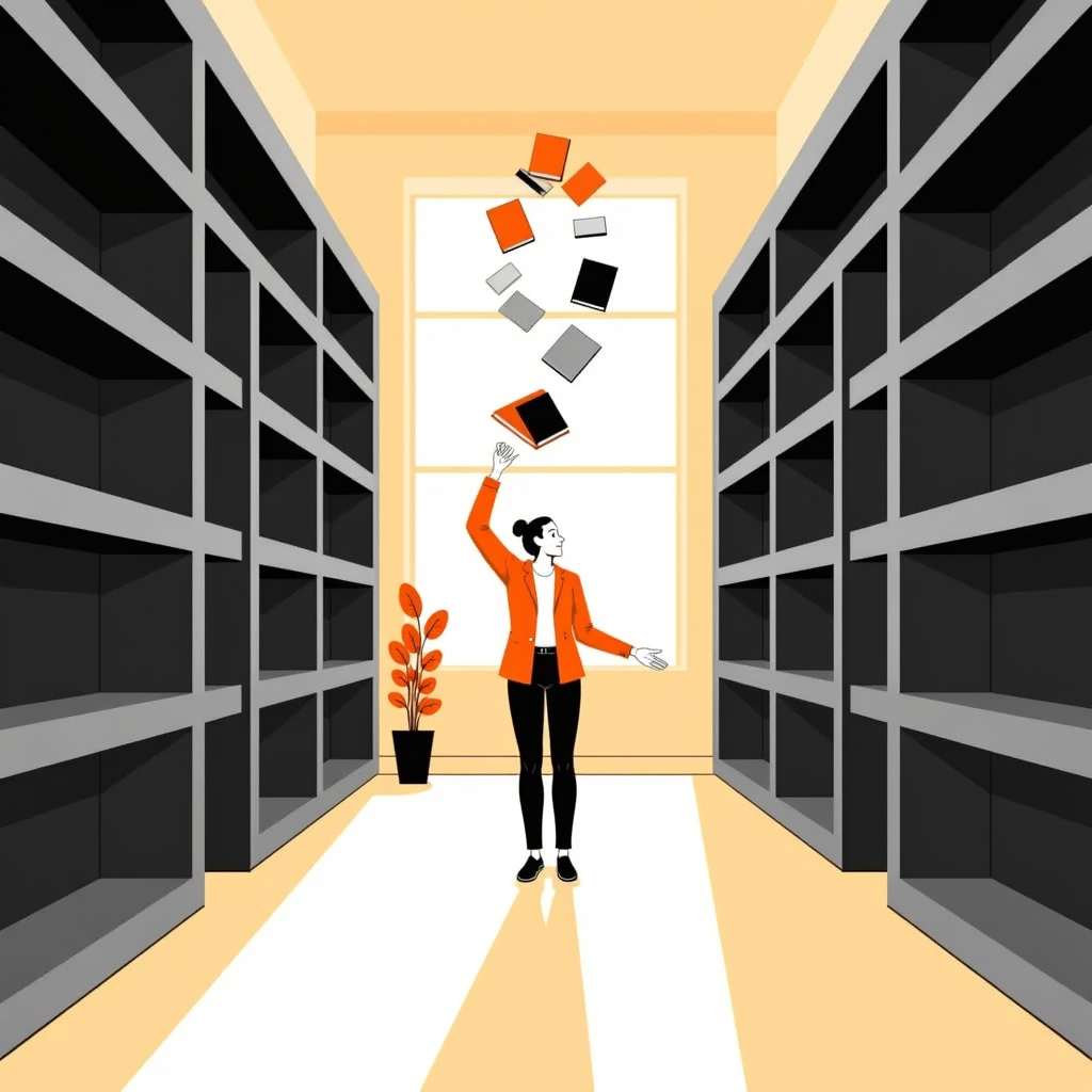 Librarian tossing a book upwards as letters spiral in a sunlit library aisle.