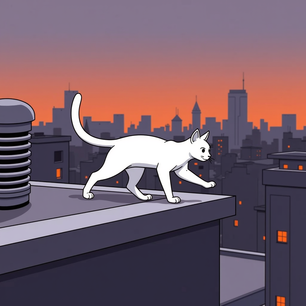 A white cat balancing on a city rooftop railing at dusk with a neon glow in the sky.