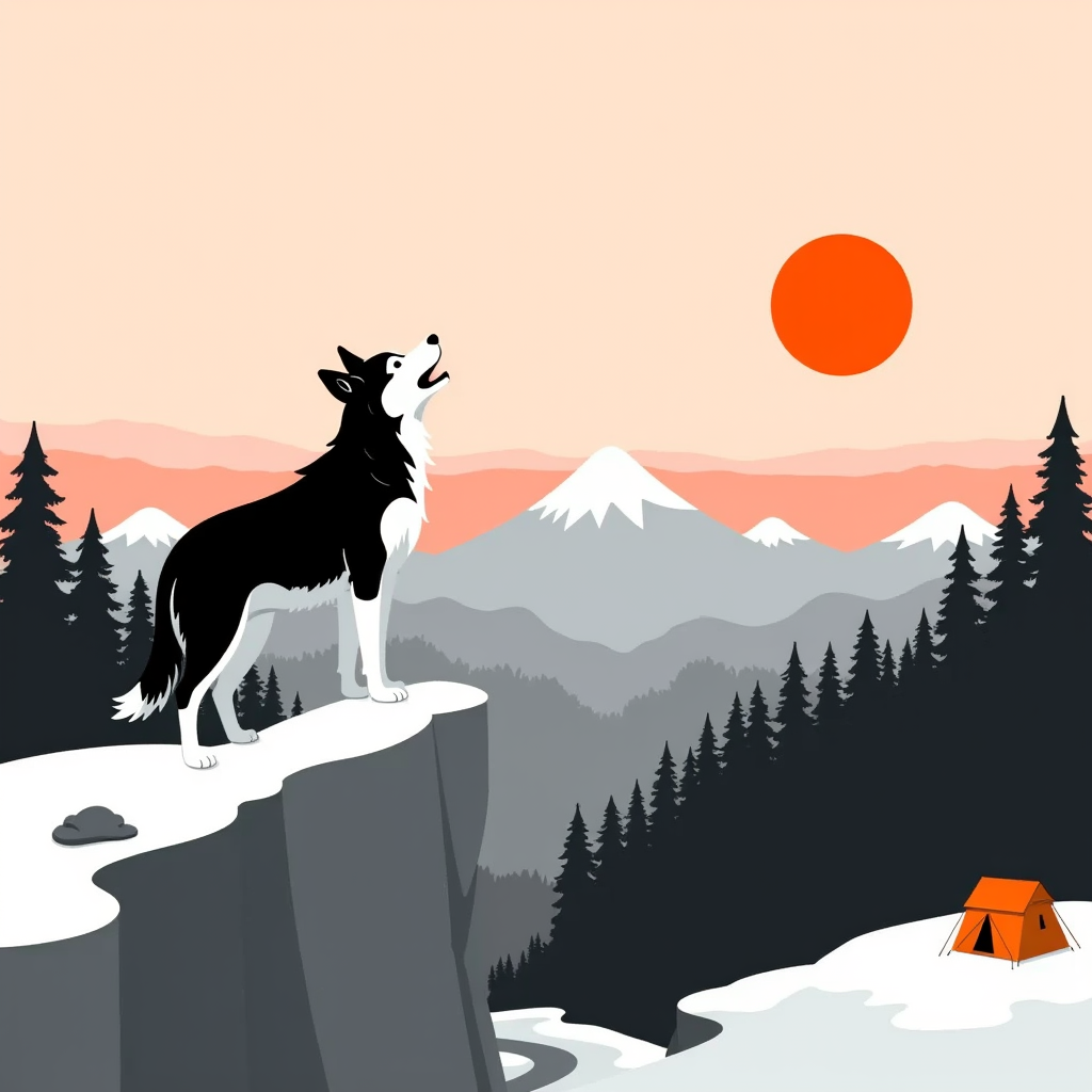 Husky howling toward mountain peaks at dawn.