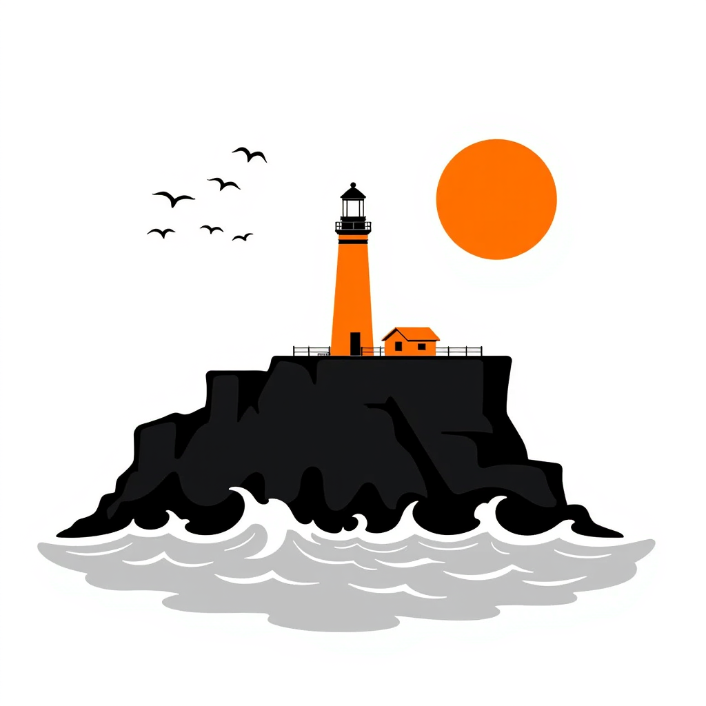 Coastal headland with lighthouse as waves crash against rocks and seabirds wheel in warm golden-hour light.