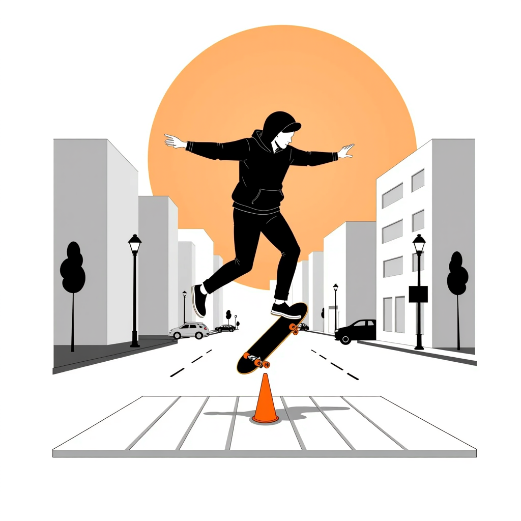 a street skateboarder, landing a kickflip over a traffic cone, sunset city street with long shadows, bold clean vector illustration