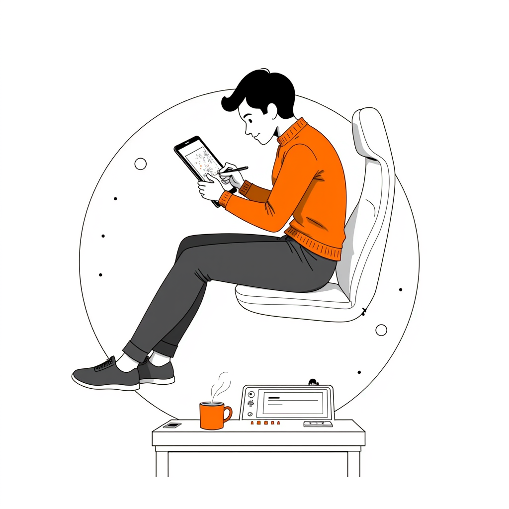 a young space explorer, floating while sketching a star map, glowing spacecraft cockpit interior, bold clean vector illustration