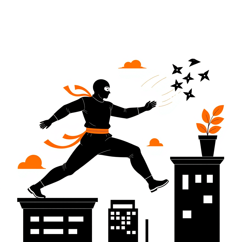 Ninja leaping between rooftops while throwing a fan of shuriken