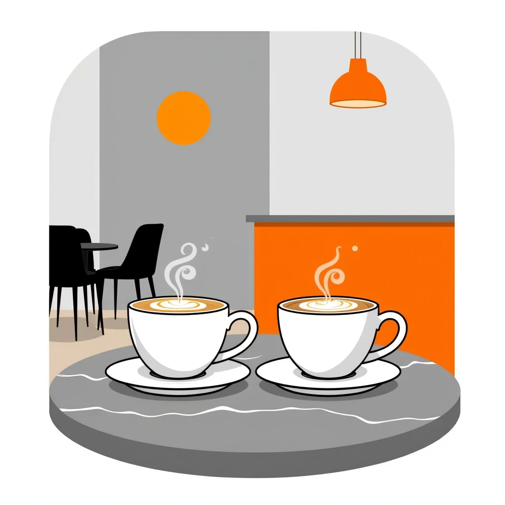 two cappuccino cups clinking together in a café, foam art shimmering on a marble table at golden hour, bold clean vector illustration