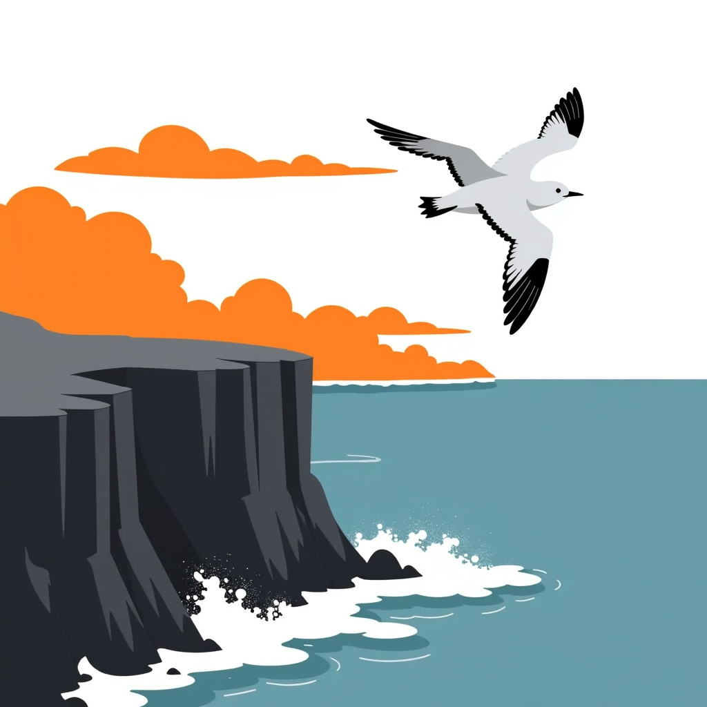 Albatross soaring on coastal wind above ocean cliffs at golden hour