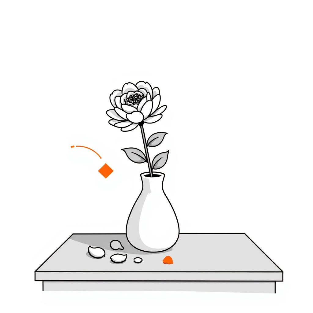 Blooming peony in a ceramic vase on a wooden table with a few falling petals, lit by soft morning window light.