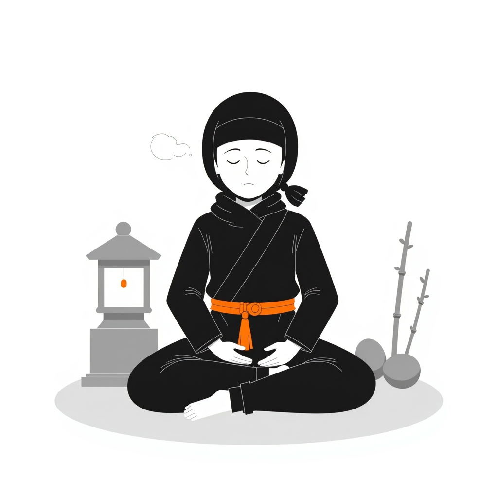 Ninja meditating in seiza beside a stone lantern and bamboo