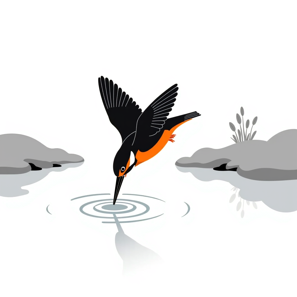 Kingfisher diving into a clear river with sunlit spray in morning mist