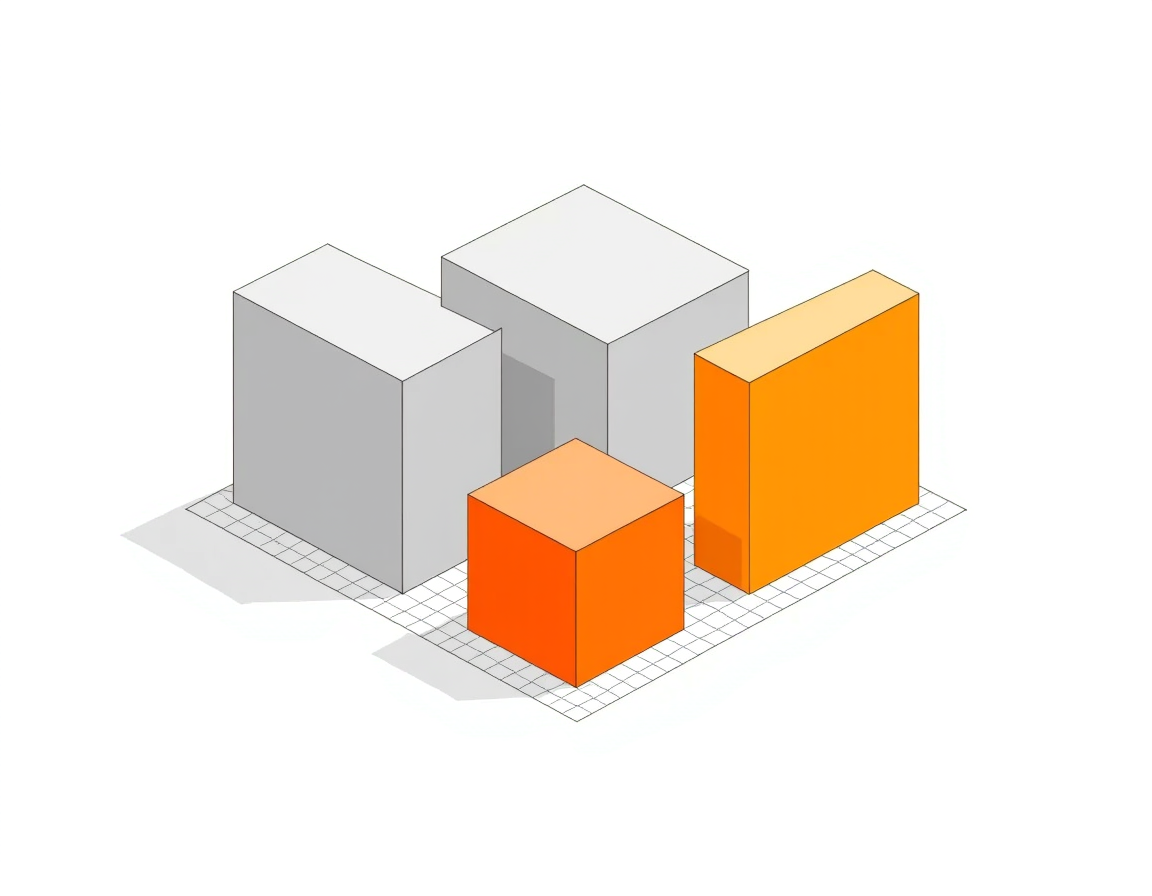 Three isometric cubes of different heights standing on a visible 30 degree grid