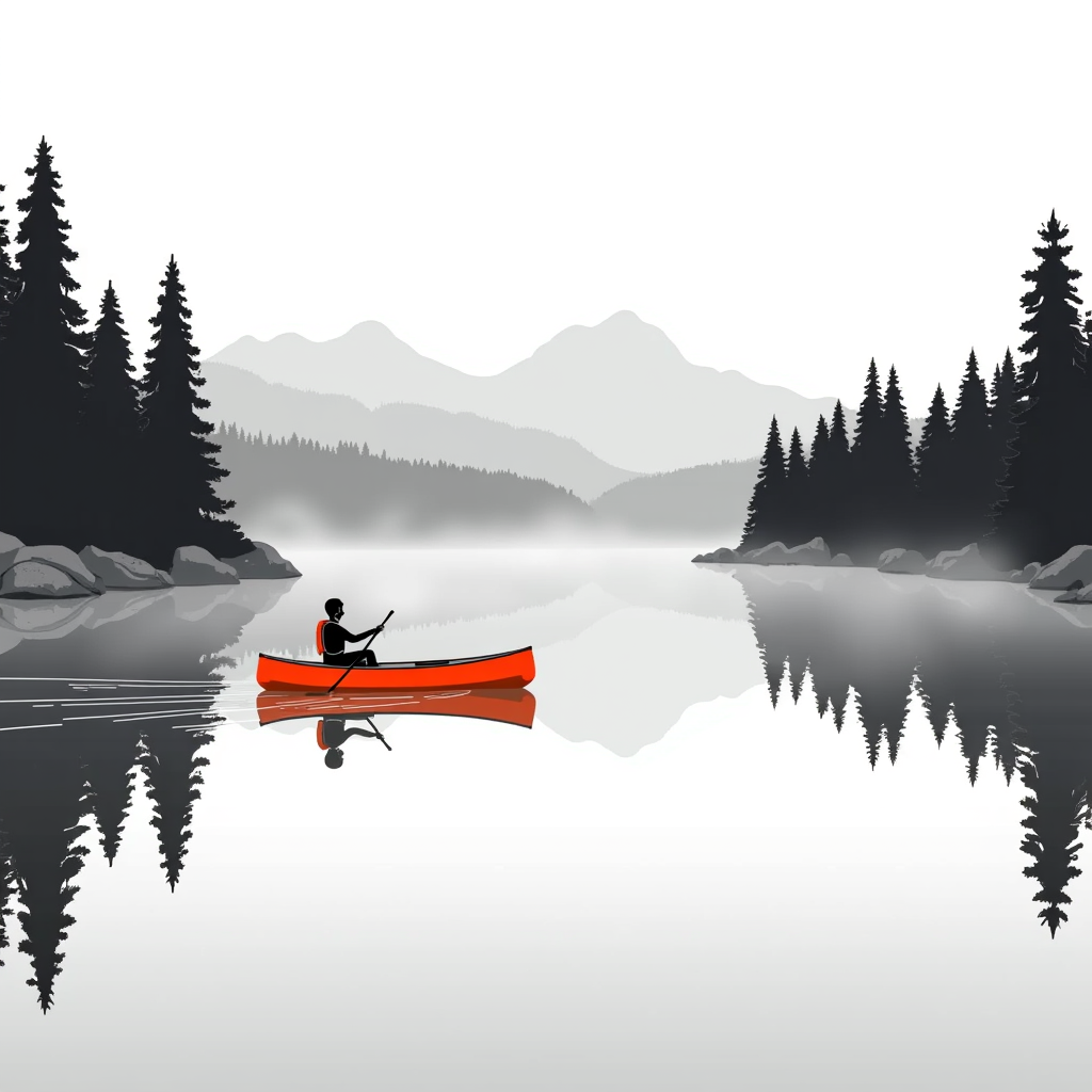 Pine forest around a mirror-still mountain lake as a red canoe glides across in crisp morning light with low fog.