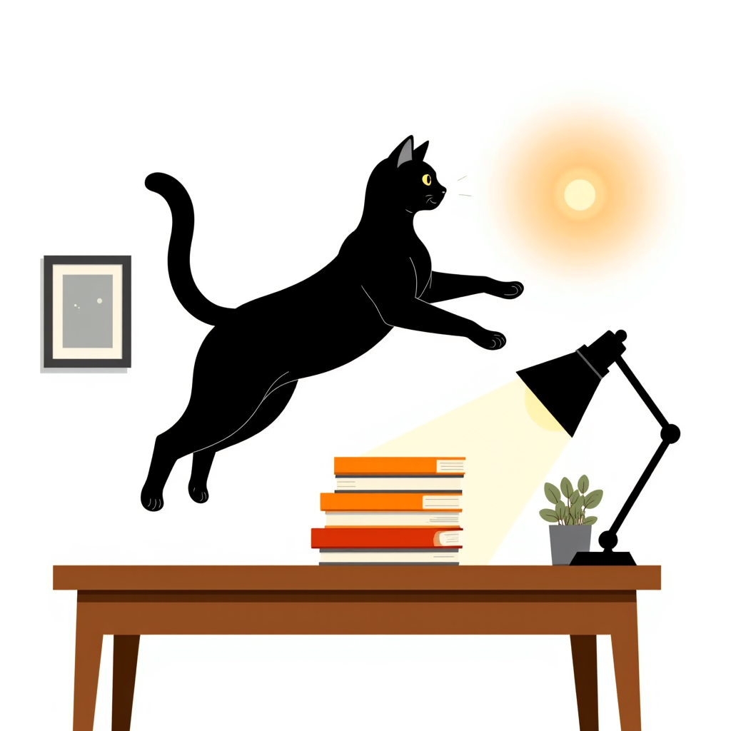 A black cat leaping across stacked books in a cosy library under warm lamplight.