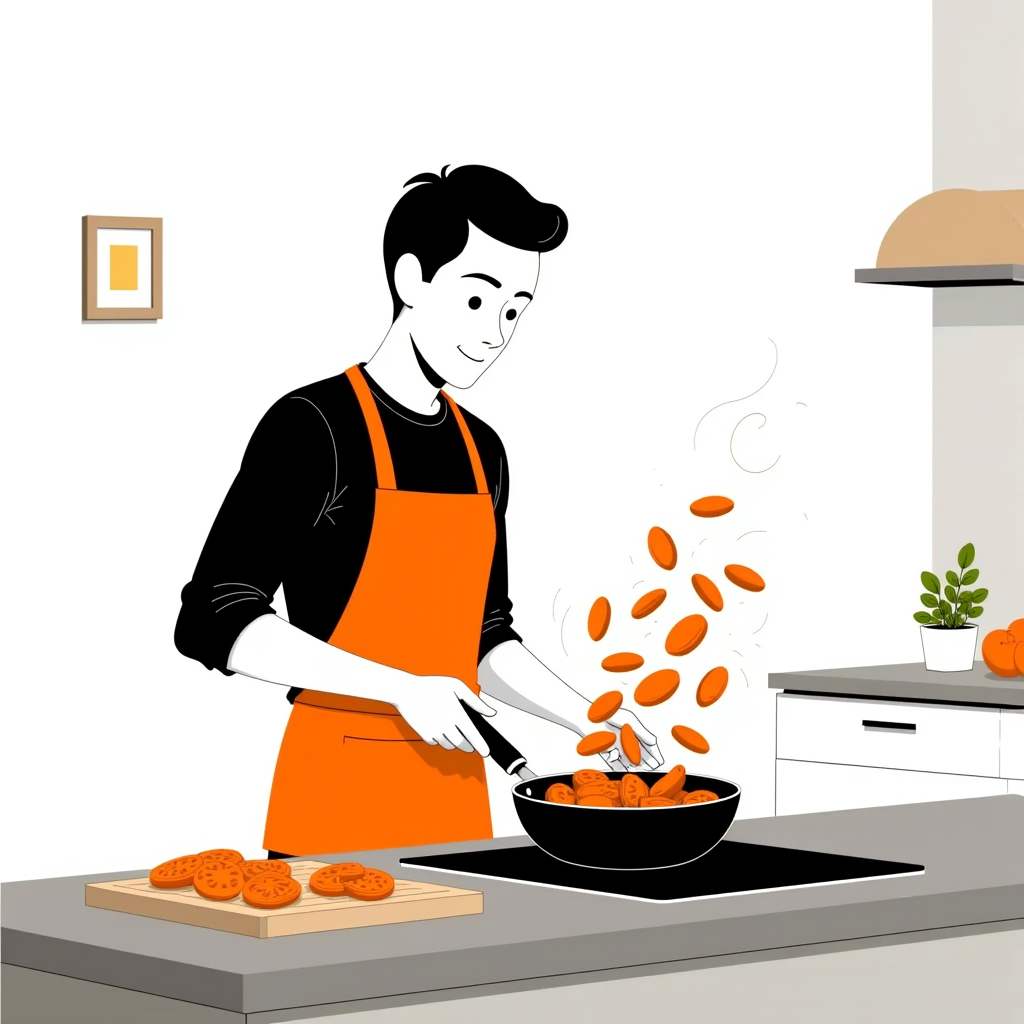 Chef tossing vegetables in a sizzling pan in a cosy home kitchen