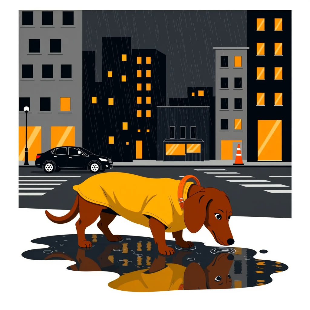 Dachshund in a raincoat sniffing puddles on a drizzly street.