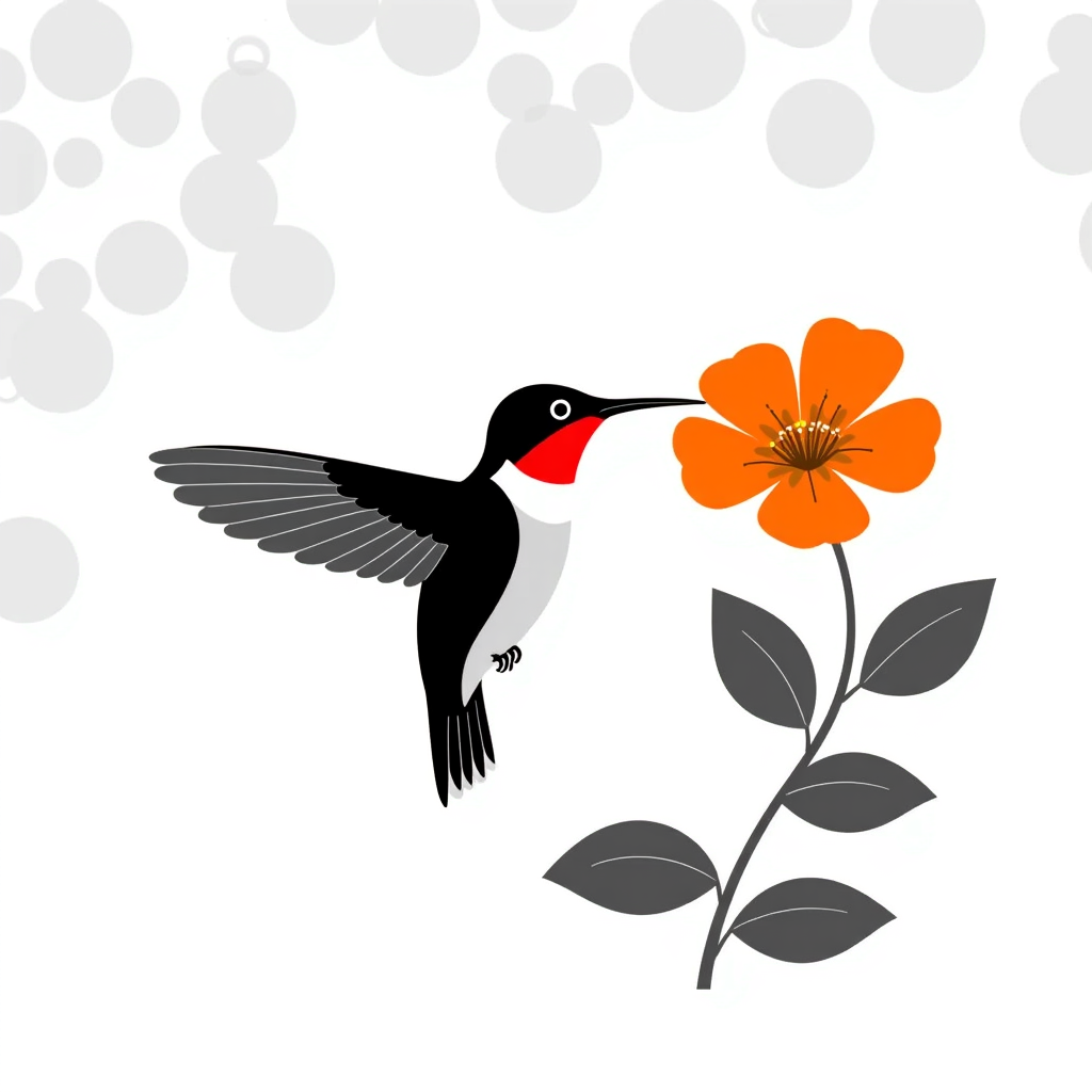 Ruby-throated hummingbird hovering to sip nectar from a trumpet flower in dappled forest light