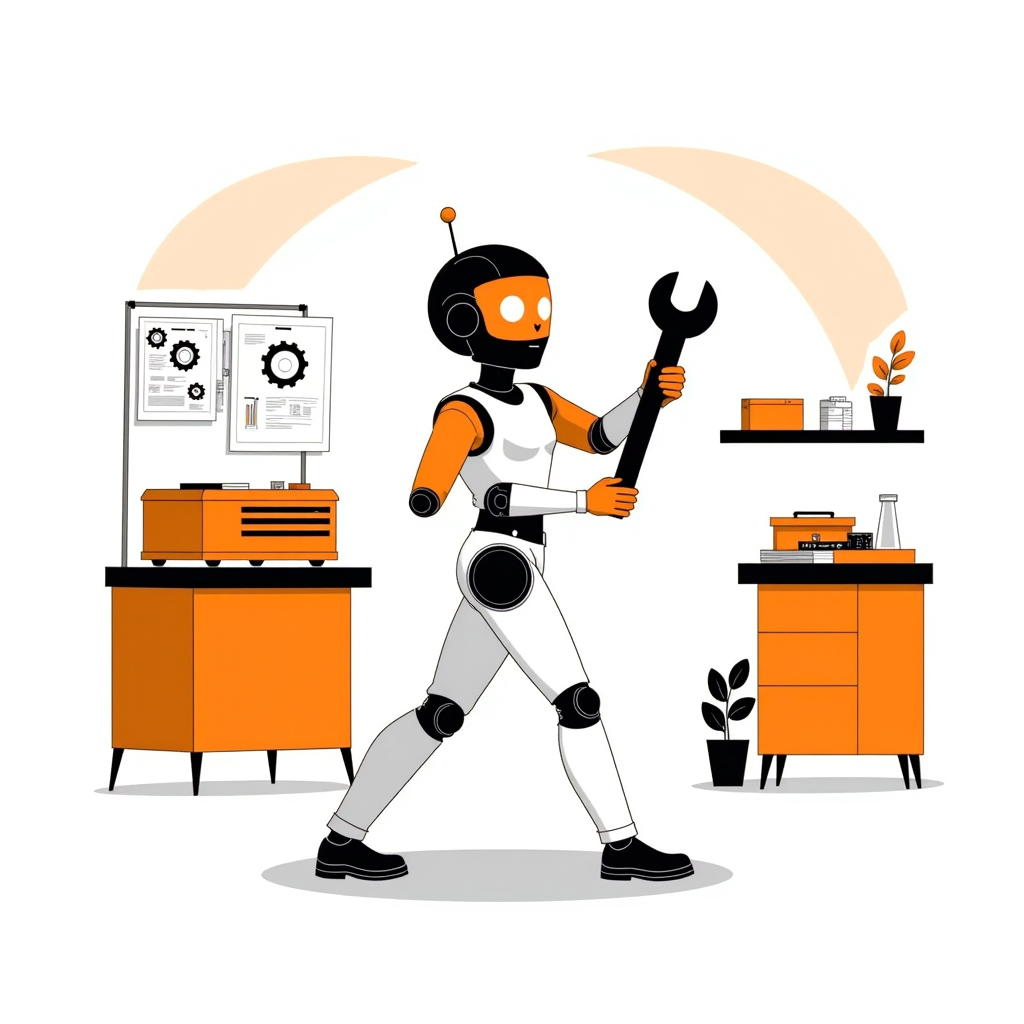 a quirky robot inventor, striding forward holding a spanner, bright workshop background with soft rim light, bold clean vector illustration
