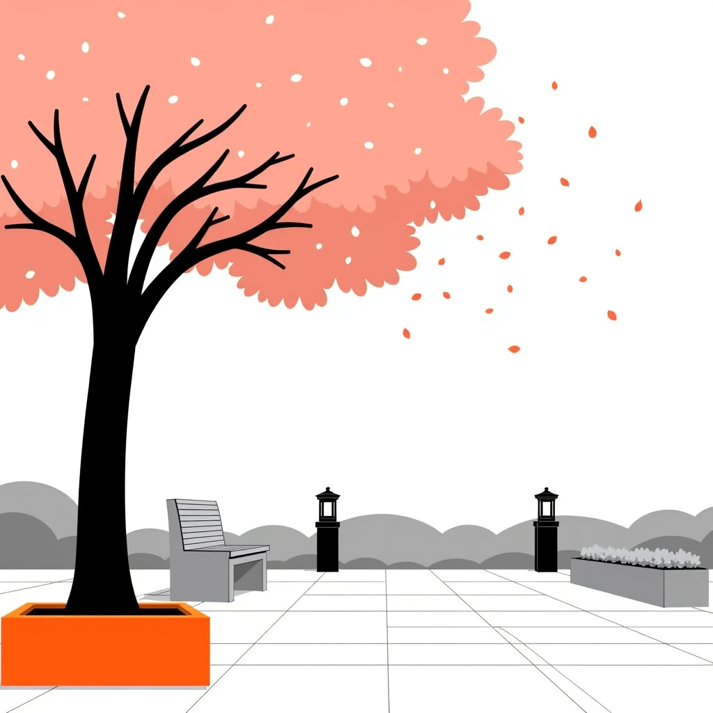 A cherry blossom tree releasing drifting petals in soft morning light within a calm spring courtyard.