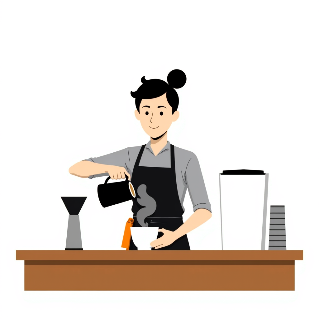 a barista carefully pouring latte art into a ceramic cup, steam curling upwards on a wooden counter under warm morning light, bold clean vector illustration