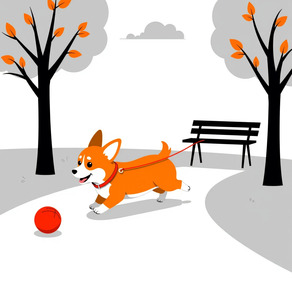 A playful corgi chasing a red ball along a sunlit park path.
