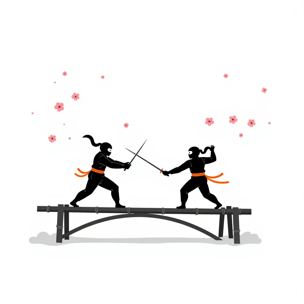 Two figures duelling with katanas on a bamboo bridge