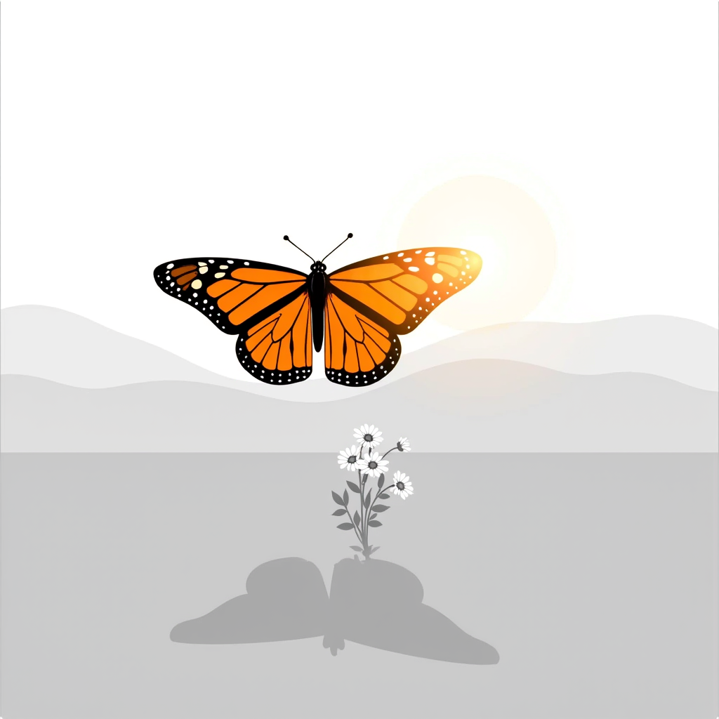 A monarch butterfly gliding above wildflowers at golden hour.